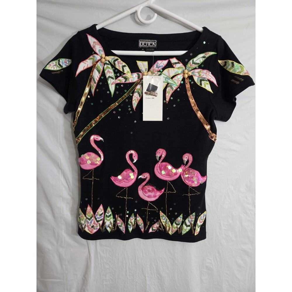 Vtg Berek Top Sz Med Black Flamingo Embroidery Beads Jewels 100% Cotton Jewels